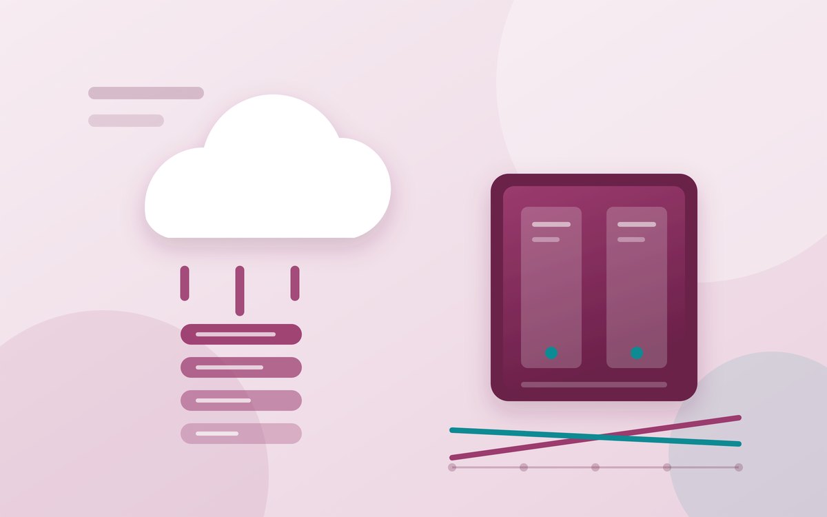 Illustration comparing a cloud storage subscription with a two-bay network drive at home, with a five-year cost line running between them