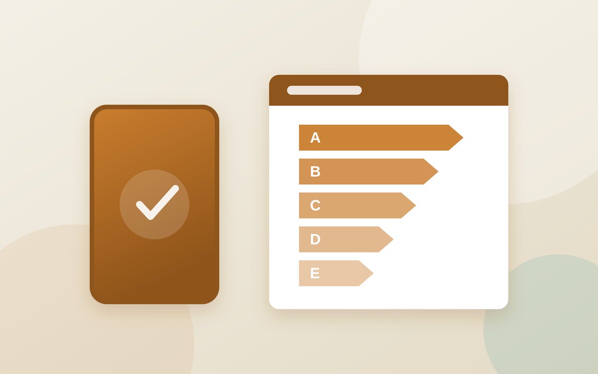 Illustration of a phone beside an energy label with A to E grades