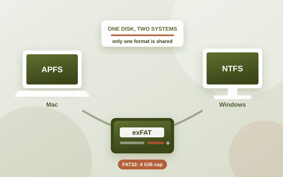 Illustration of an external drive connected to two different computers, with a format label on its side