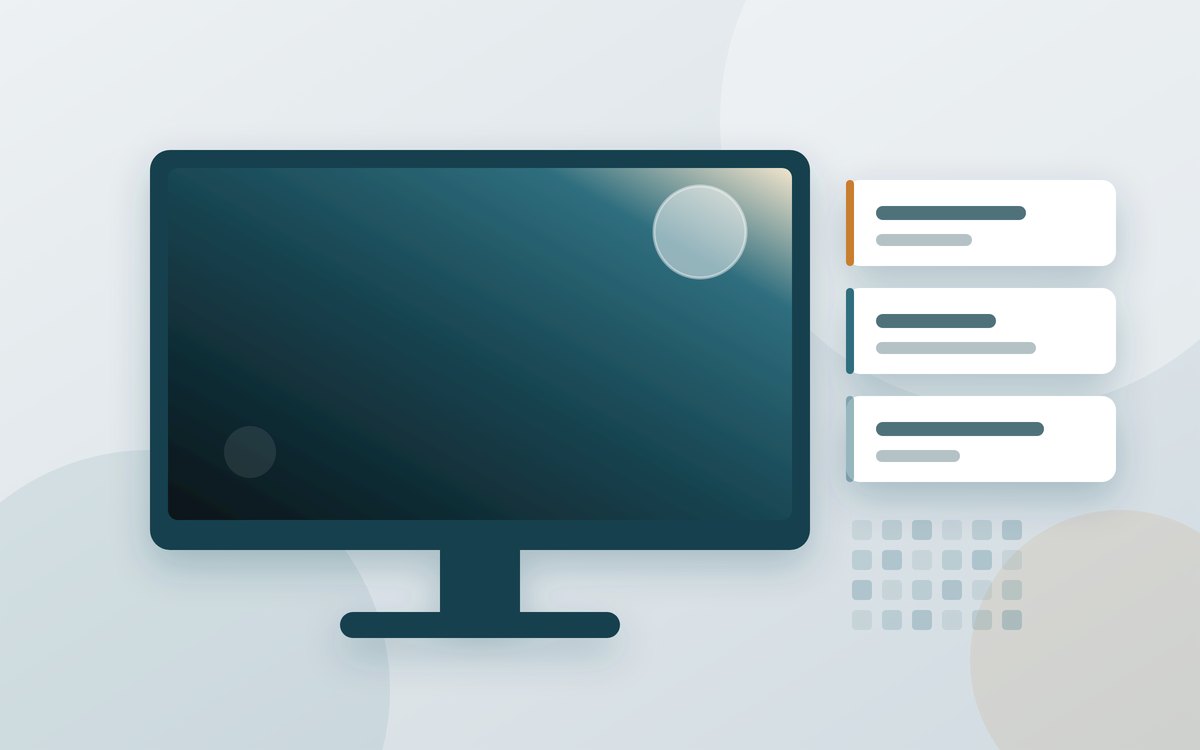Illustration of a desktop monitor beside three specification cards