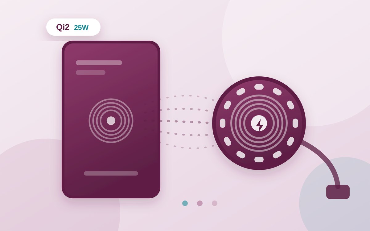 Illustration of a phone's charging coil facing a round magnetic puck ringed with magnets, with field lines crossing the gap between them