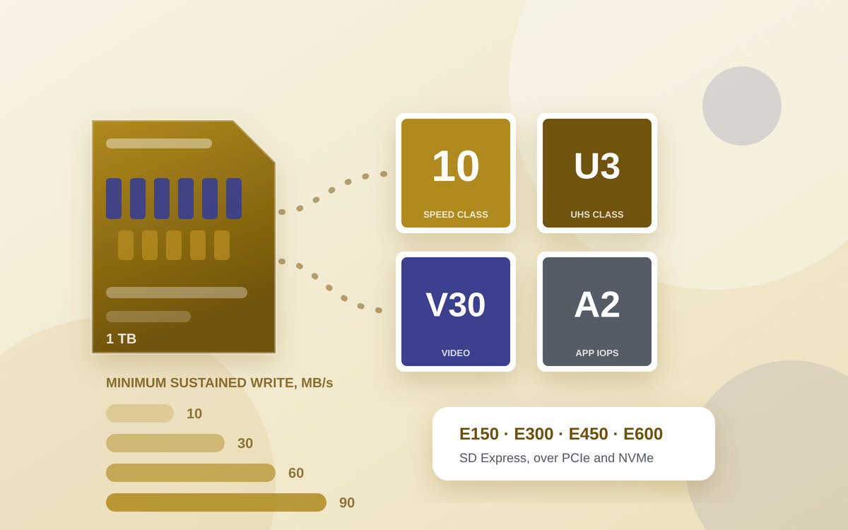 Illustration of a memory card with its printed symbols enlarged beside it: a capacity tier mark, a circled 10, a U with a 3 inside, a V30 and an A2