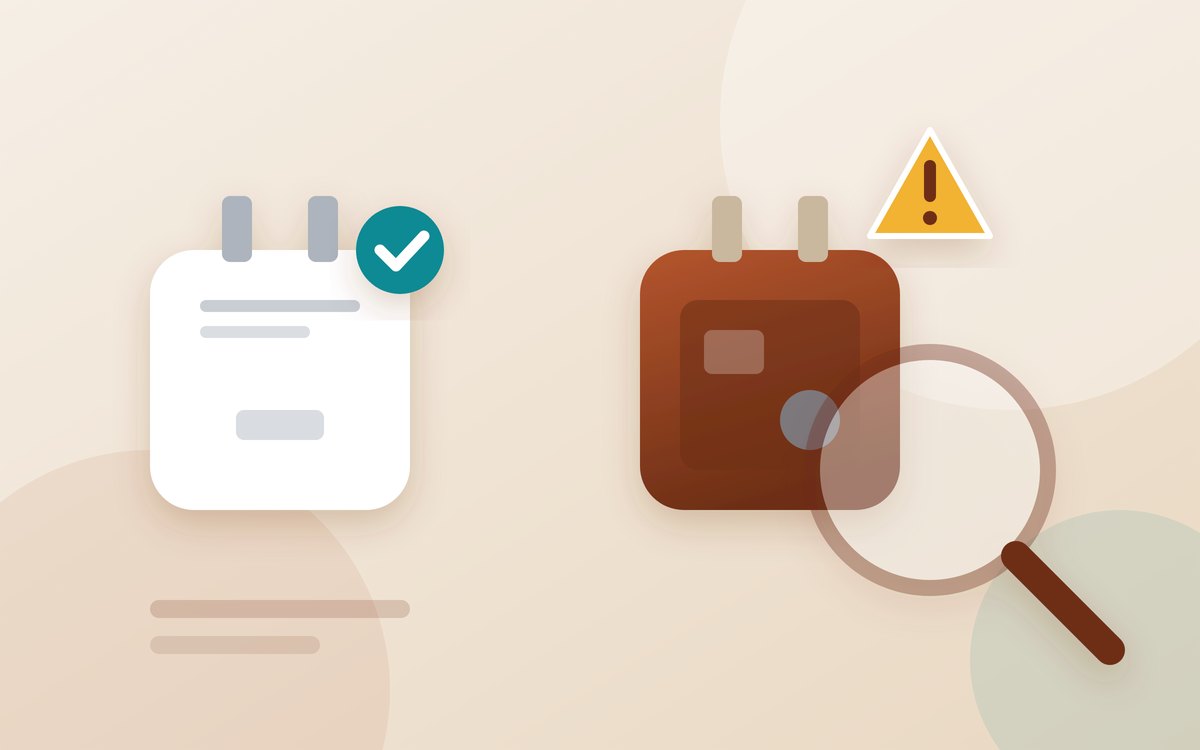 Illustration of a plain white charger marked with a tick beside a darker charger under a magnifying glass with a warning sign