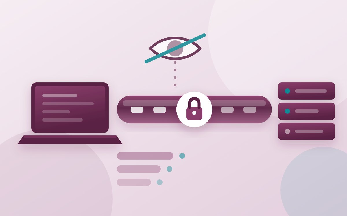 Illustration of an encrypted tunnel running from a laptop to a distant server, watched from outside