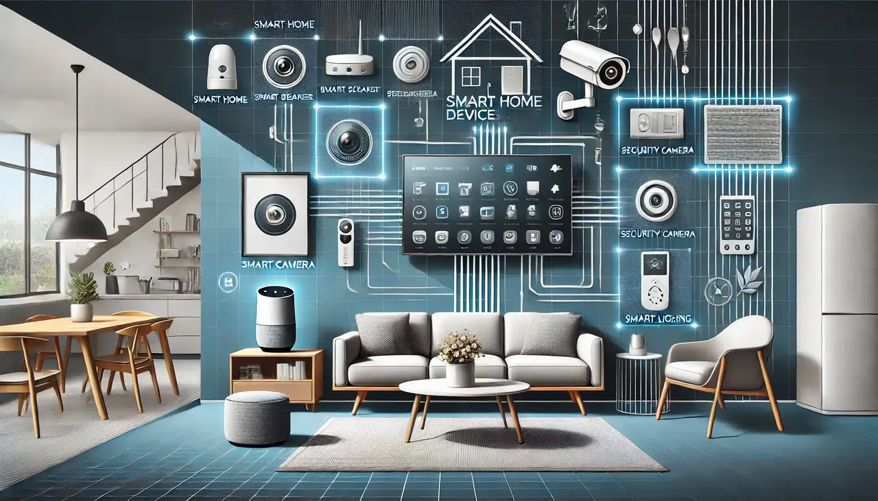 Smart home devices arranged on a shelf